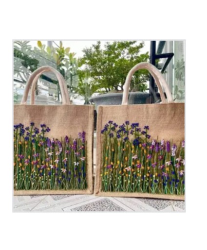 Floral Garden Embroidered Jute Bag 