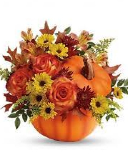 Floral Pumpkin-Orange Ceramic Pumpkin filled w/ Fall Flowers