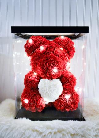Flower Bear  Displayed in clear gift box with lights and ribbon
