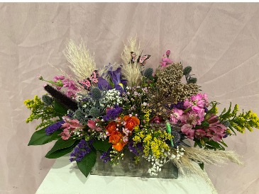 Flower Field Oblong wood box arrangement in Stony Brook, NY | Village Florist And Events