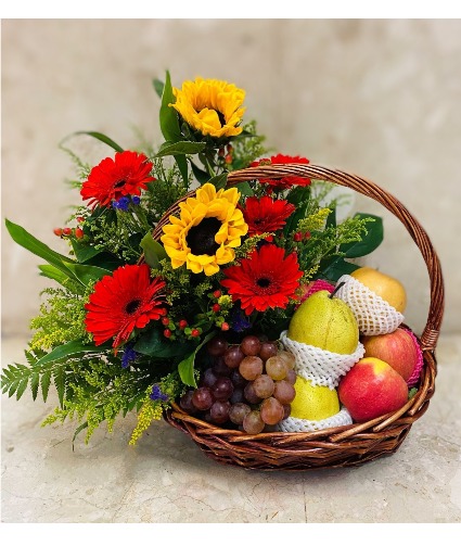 Flowers and fruit gift basket red 