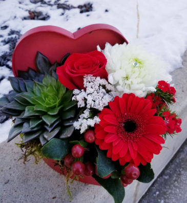 flowers and succulent in heart box