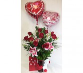 Valentine's Special Doz. Roses, Stargazer Lilies, Candy, Bear & Balloons