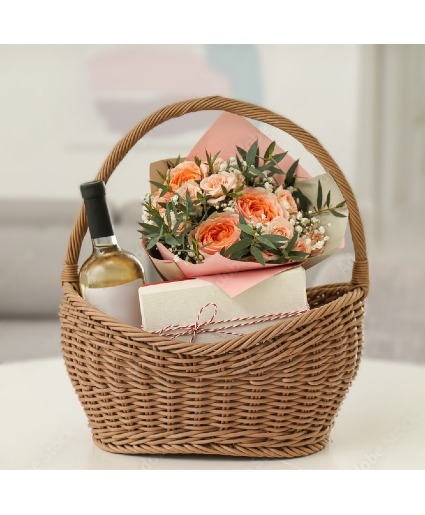 Flowers, Wine & Chocolates Gift Basket  