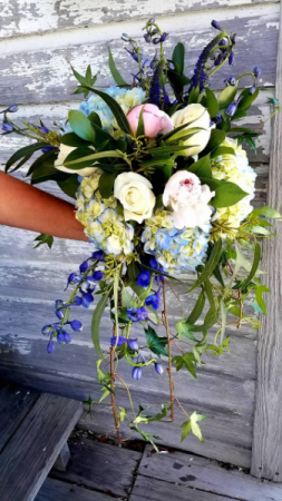 Flowing Wedding Bouquet of Blue and Blush Wedding Bouquet