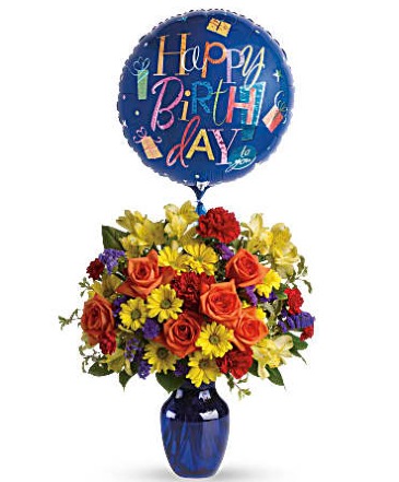 Fly Away Birthday Bouquet vase with balloon in Spokane, WA | FOUR SEASONS PLANT & FLOWER SHOP