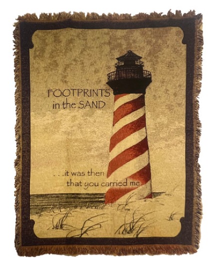 Footprints in the Sand Sympathy Blanket on a stand