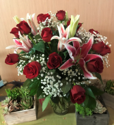 For My Star. vase arrangement of Red Roses and Stargazers