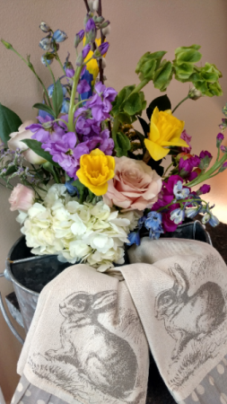 For some bunny special bouquet Galvanized organizer with fresh seasonal floral arrangement and 2 adorable bunny hand towels