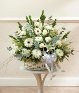 Forever in our Hearts all white wicker basket in Northport, NY | Hengstenberg's Florist