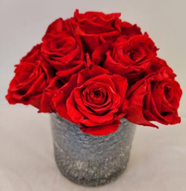 "Forever" Roses In Grey Art Glass Cylinder Perfectly Preserved Roses in Troy, MI | DELLA'S MAPLE LANE FLORIST