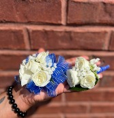 Formal bundle- White roses with blue ribbon 