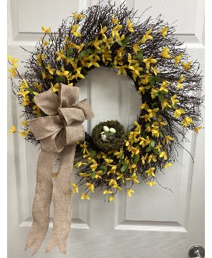 Forsythia, twigs, burlap, and a Bird's Nest Permanent botanical wreath