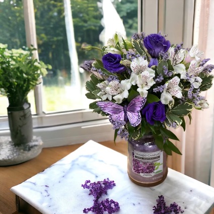 Fragrant Bliss (Lavender Or Pink) Flower Arrangement with Candle Vase