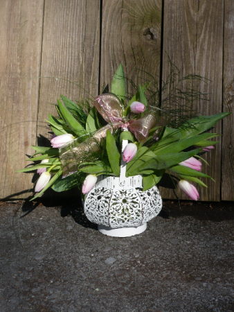 French Tulips Spring Cut Tulips Cascade White French Lace Cut Out Metal Lantern 13