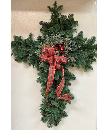 Fresh evergreen cross stand Standing Spray in Brenham, TX | Sunny Day Blossoms Design Studio
