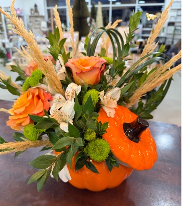 Fresh Fall Floral Gift Limited time in Keepsake Pumpkin with lid in Highland, UT | Painted Daisy Florist