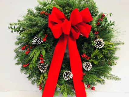 Fresh Mixed Greens Wreath - Red 