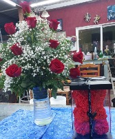 Fresh roses  plus artificial 12 inch roses  bear 12 R0ses  in  vase + R0ses  bear 12 inches