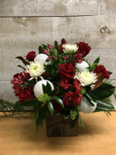 Festive Cheer  floral arrangement in a  wooden container