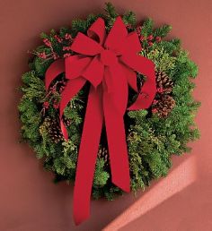 FRESH DOOR WREATH Fresh mixed Evergreens with a red velvet bow