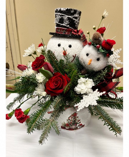 Frosty & Crystal Fresh flowers with decorative container and snowmen