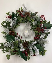 Frosty Wreath w/ Light Up Ornament Permanent botanical