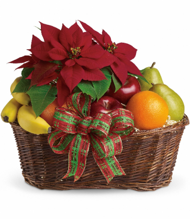 Fruit and Poinsettia Basket Christmas Arrangement