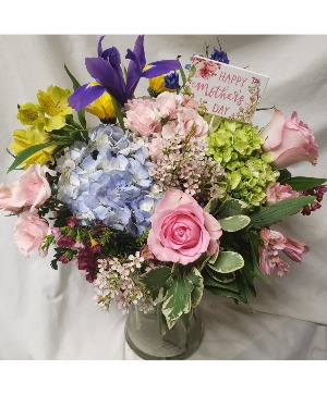 FULL OF LOVE MOTHER'S DAY BOUQUET...hydrangeas  Lillies, pink roses, filler, and other seasonal flowers arranged and includes a MOTHER'S DAY PIC!