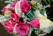 Fuscia Roses with Gold accents Wrist Corsage