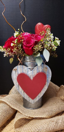 Galvanized Bouquet of Love Dozen Roses in a Galvanized Pail with a Tin Heart