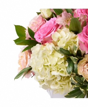 Garden Design Vase Arrangement with Roses, Hydrangea & Stock