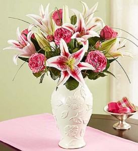 Garden Rose and Lily Bouquet in Lenox® Fresh Arrangement