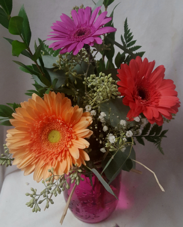 Gerbera Brights 3 Gerbera Daisy In Mason Jar Flowers And Vase Color May Vary In Oxford Oh Oxford Flower Shop