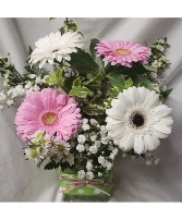 GERBERA BRIGHTS...4 gerbera daisies with filler COLORS OF GERBERAS MAY VARY DEPENDING ON STOCK