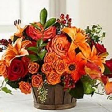 Gerbera Daisies, roses, Chrysanthemum Basket Autumn Arrangement