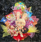 Get Well Arrangement Container of Candy, Balloons & Stuffed Animal