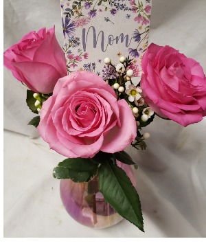 DELIGHTFULLY MOM...3 pink roses in a iridescent  Vase (colors of vase may vary..all pastels) INCLUDES A MOTHER'S DAY PICK!