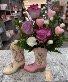 Giddy Up. Valentine  Roses, mini carnations in Boot Vase