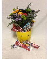 Happy Face Candy and flowers Gift Basket