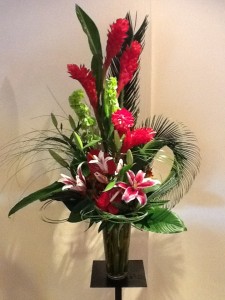 Red Ginger,Stargazer Lilies & Tropical Foliage Contemporary Urn Arrangement
