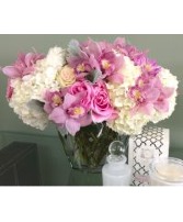 Girly Girl Orchids and Roses Vase Arrangement