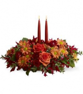 Giving Thanks 2 CANDLE DEEP BURGUNDY AND ORANGE CENTERPIECE