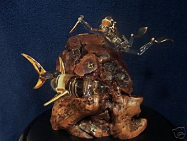 Glass Baron Diver And Shark on Wood Base Glass Baron Diver And Shark on Wood Base