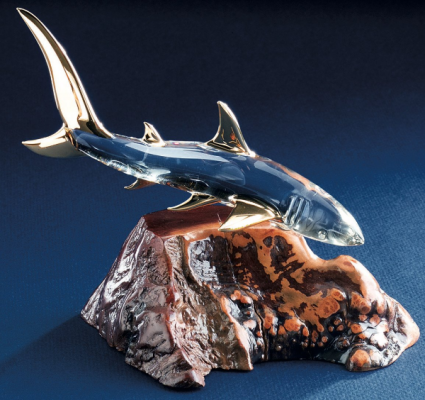 Glass Baron Shark Figurine on Wood Stand 