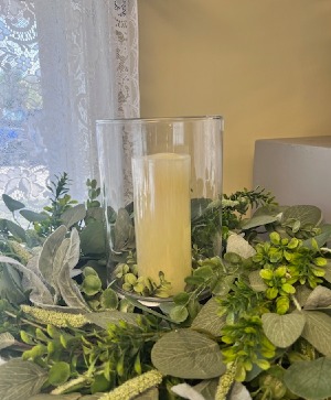 Glass Hurricane w/ Candle and Wreath 