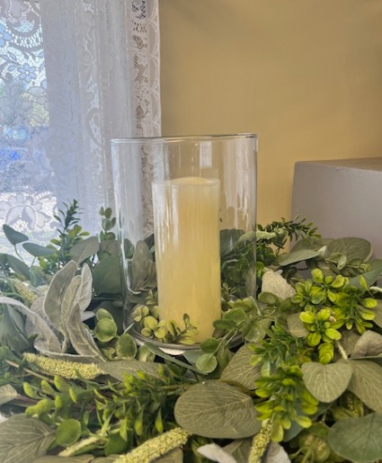 Glass Hurricane w/ Candle and Wreath 