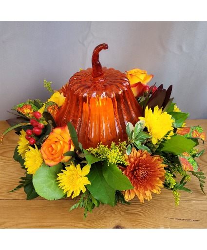 Glass Pumpkin Fresh Floral Centerpiece With A Candle