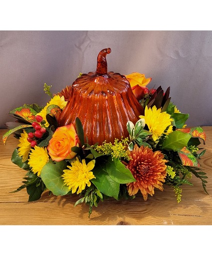 Glass Pumpkin Fresh Floral Centerpiece -Without Candle