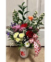 Glass Valentine Mason Jar Mix Valentine mix of flowers in glass Mason jar